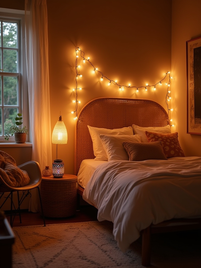 Boho bedroom with unique ambient lighting fixtures creating a warm and inviting atmosphere.