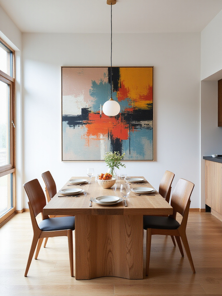 Modern dining room with abstract art above a wooden table