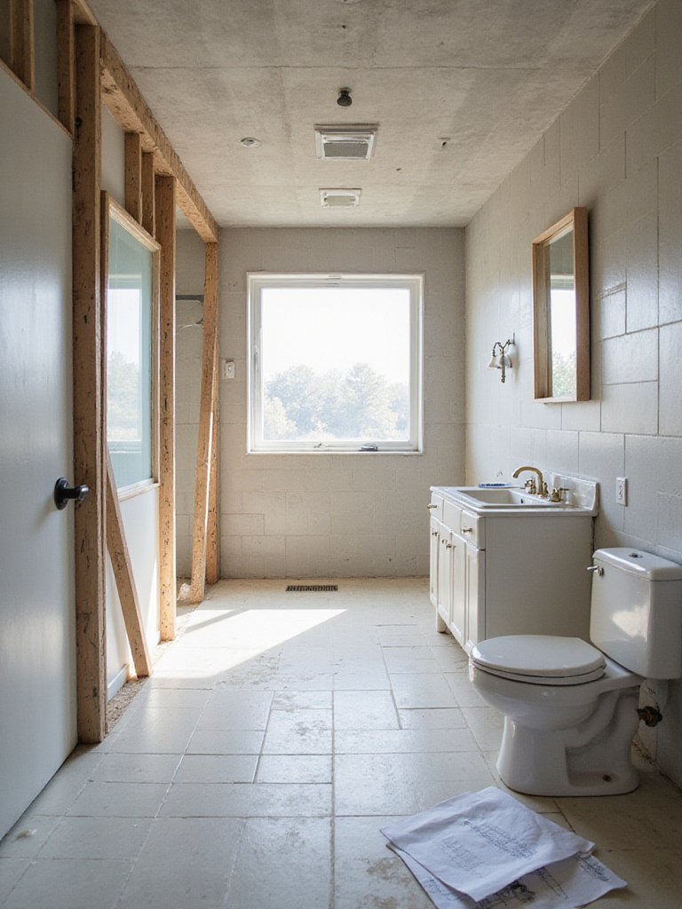 Bathroom under construction, showcasing organized remodel in progress