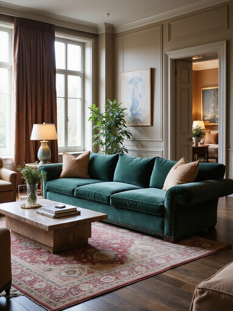 Luxury living room with a large velvet or leather statement sofa as the central focal point.