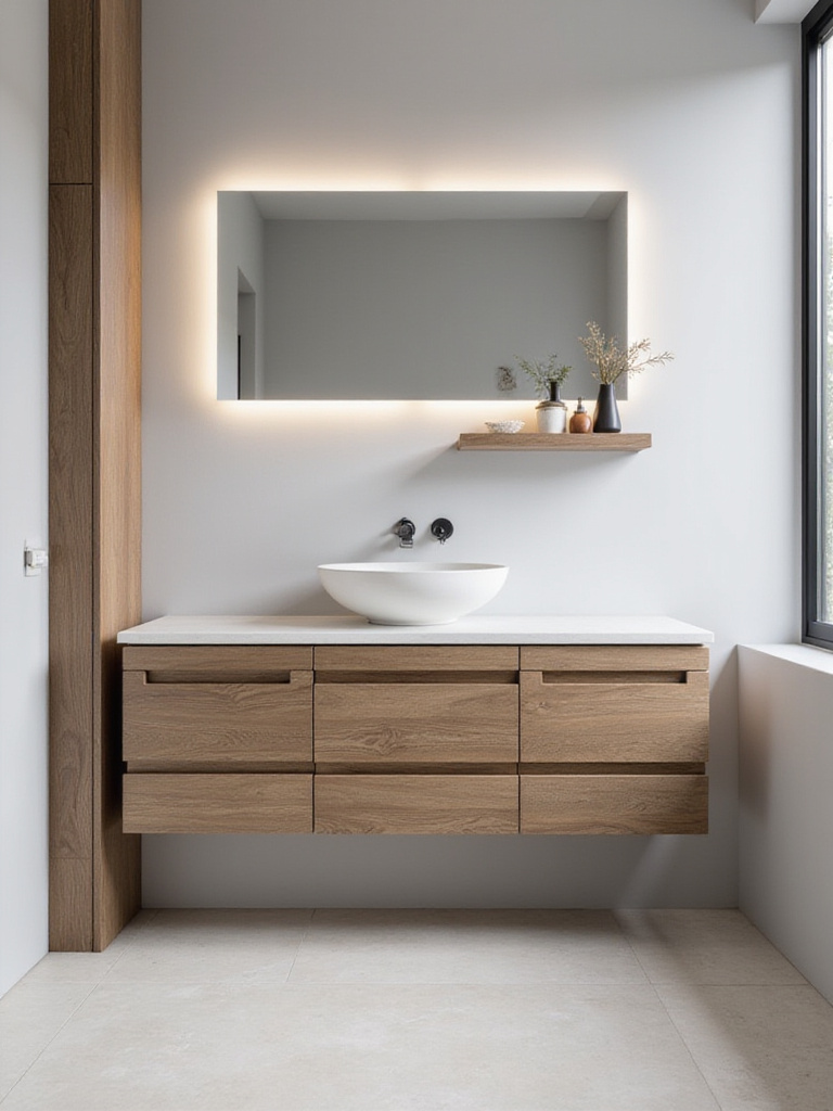 Modern bathroom with a sleek wood vanity and integrated lighting.