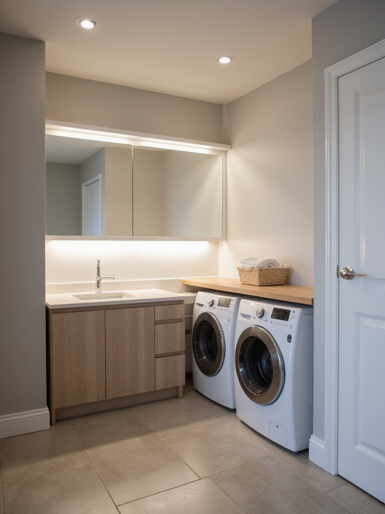 Modern laundry bathroom with effective layered lighting, featuring recessed ceiling lights, under-cabinet task lighting, and vanity lighting.