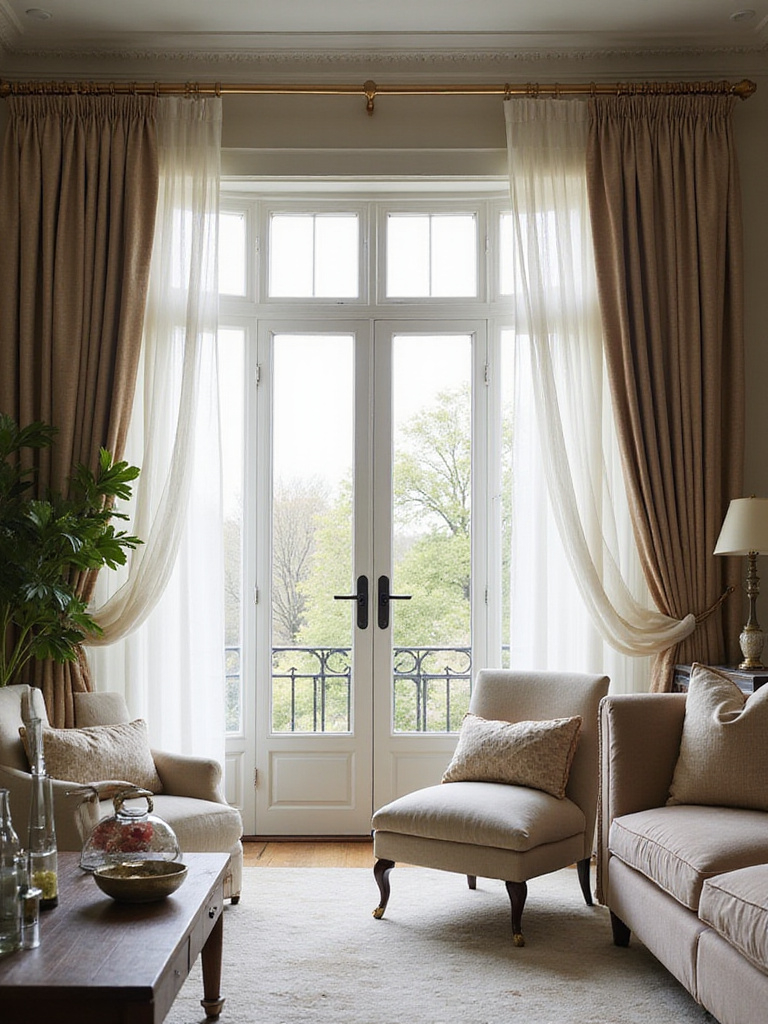 Stylish living room with large windows featuring layered sheer and heavy curtains, allowing soft natural light to filter in.