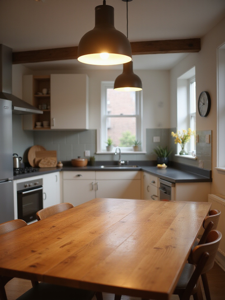 Kitchen dining area with warm white pendant lighting over a wooden table creating a cozy atmosphere.