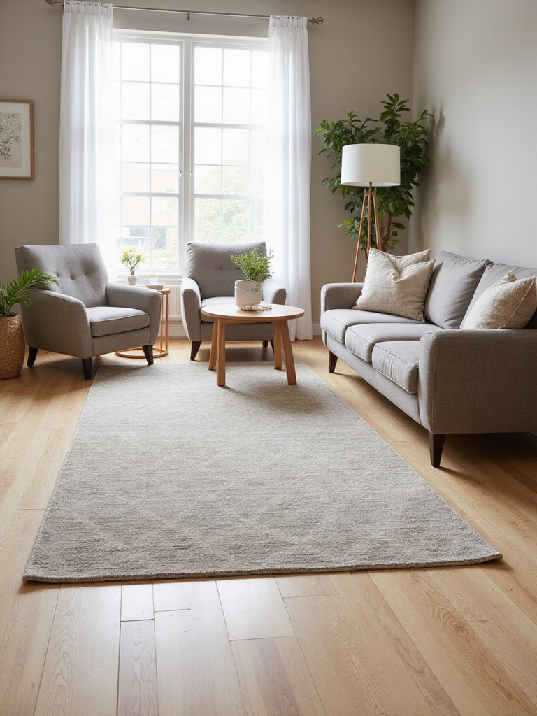 A spacious living room featuring a large area rug that anchors the seating arrangement with a sofa, armchairs, and coffee table, illustrating effective rug placement for decorating.