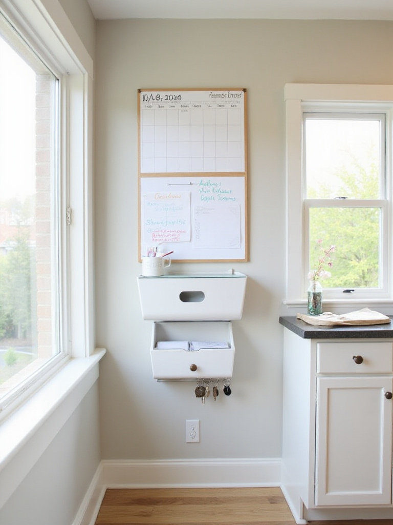 Organized kitchen wall command center with calendar, whiteboard, mail sorter, and key hooks for family organization.