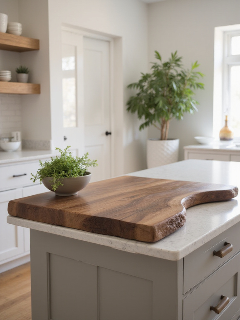 High-quality live-edge walnut cutting board displayed on a modern kitchen island countertop with a light quartz surface.