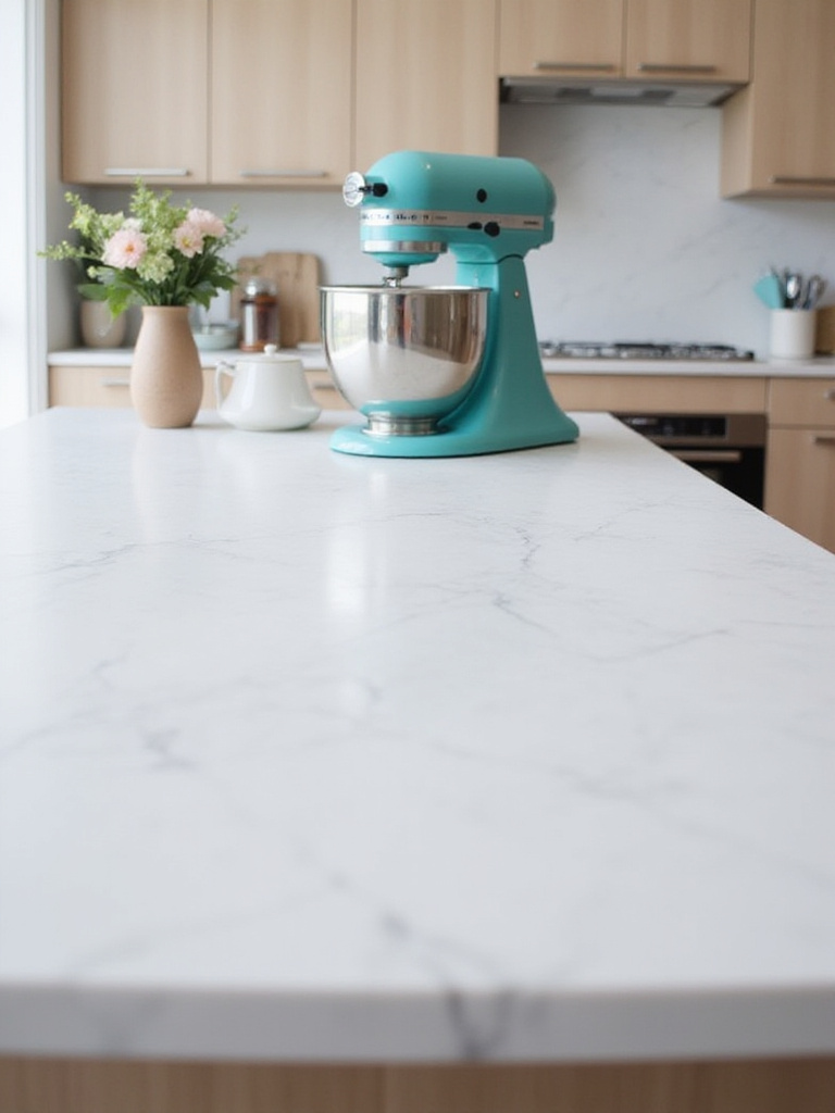 Modern kitchen island featuring a stylish retro-inspired stand mixer in a vibrant color as decor.