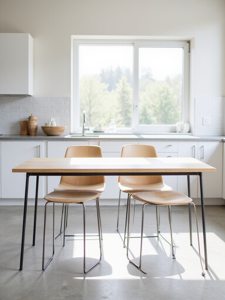 A modern kitchen featuring a sleek minimalist dining table with clean lines and simple chairs.