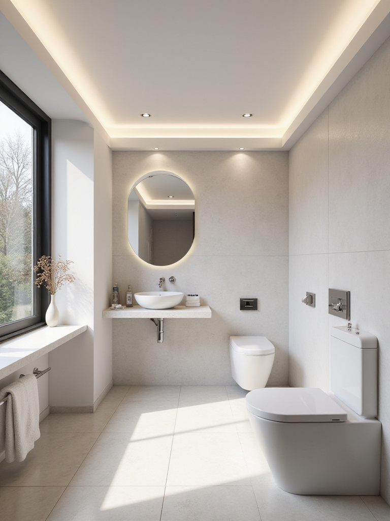 Modern bathroom with sleek recessed ceiling lights providing clean, even illumination.