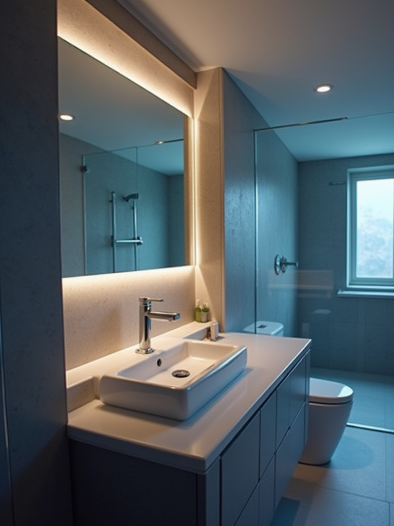 A modern bathroom featuring smart lighting, with vanity lights and integrated LEDs displaying adjustable colors and brightness levels, controlled wirelessly.