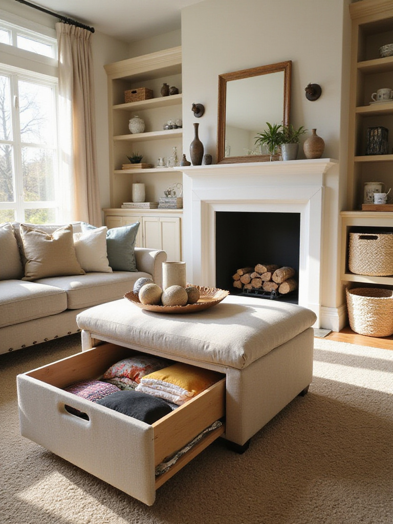 A stylish living room showcasing smart storage solutions, including a storage ottoman, coffee table with drawers, built-in shelves, and decorative baskets, creating a tidy and functional space.