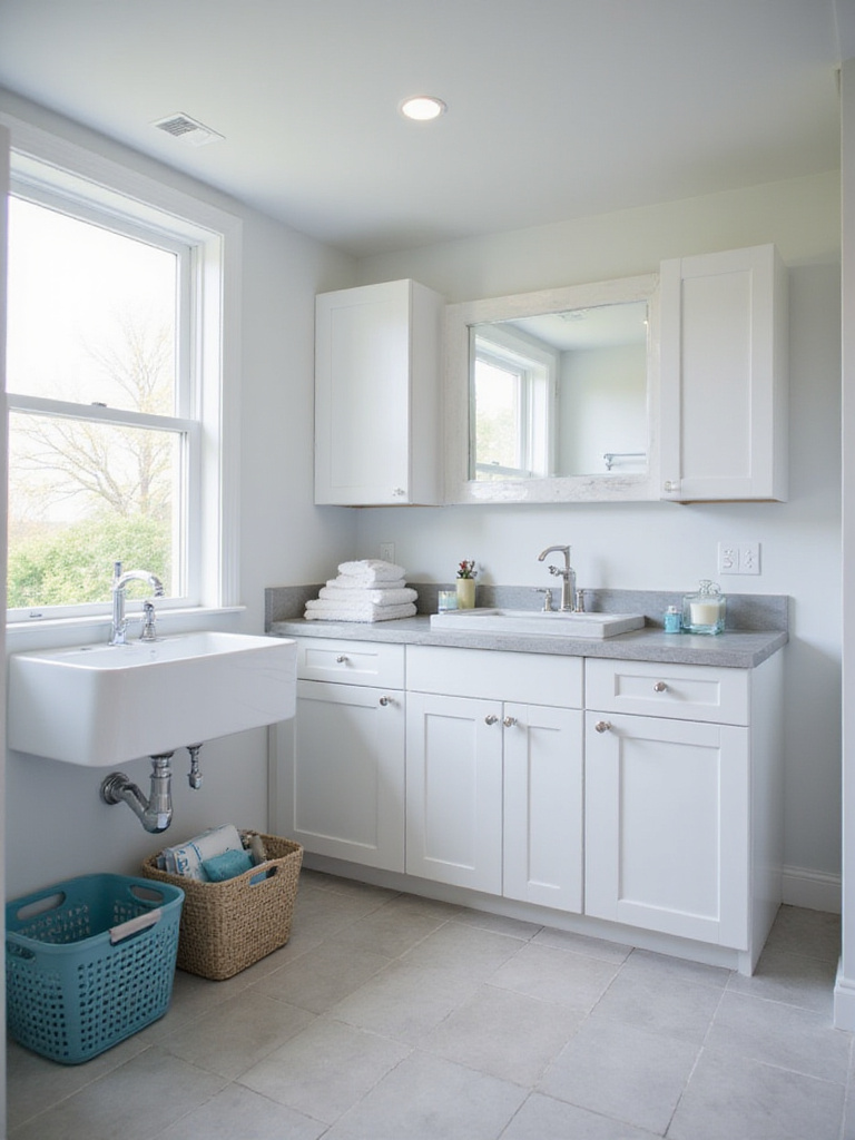 View of a modern laundry-bathroom combo room showing a practical utility sink on one side and a stylish vanity sink on the other, illustrating different sink choices.