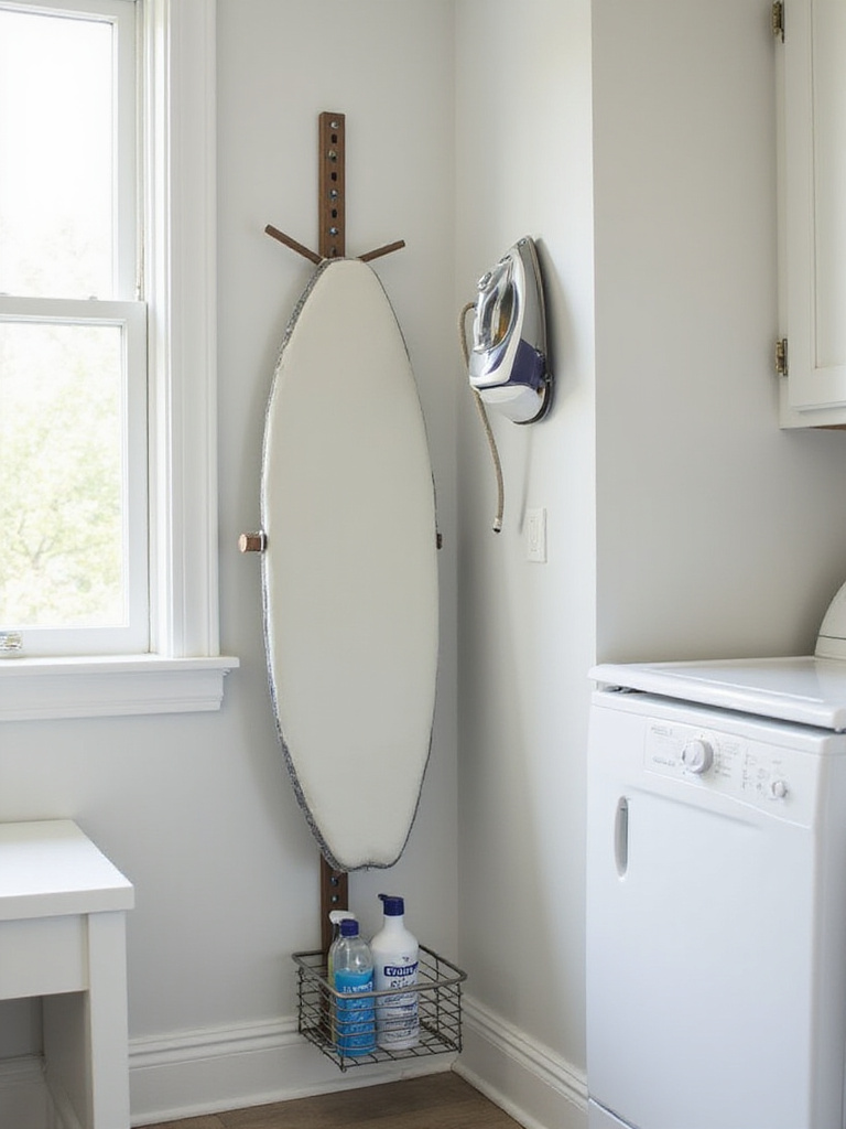 Organized laundry room corner showing a wall-mounted ironing board rack and iron holder with ironing supplies neatly stored.