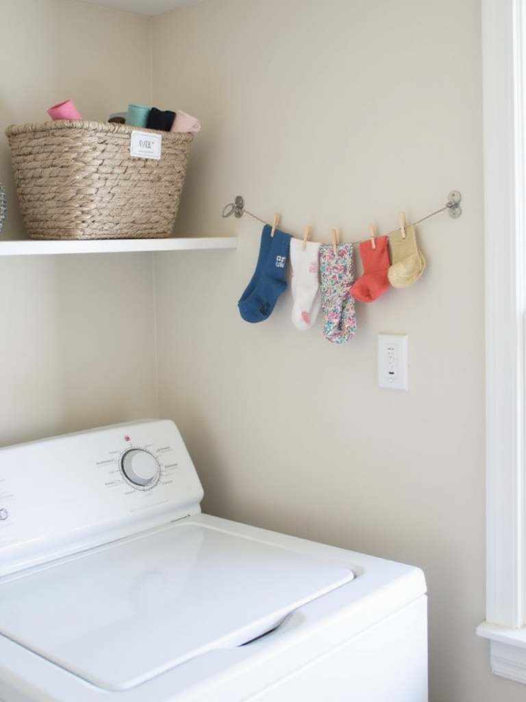 A lost sock station in an organized laundry room, featuring a basket or hanging line filled with single socks awaiting their matches.