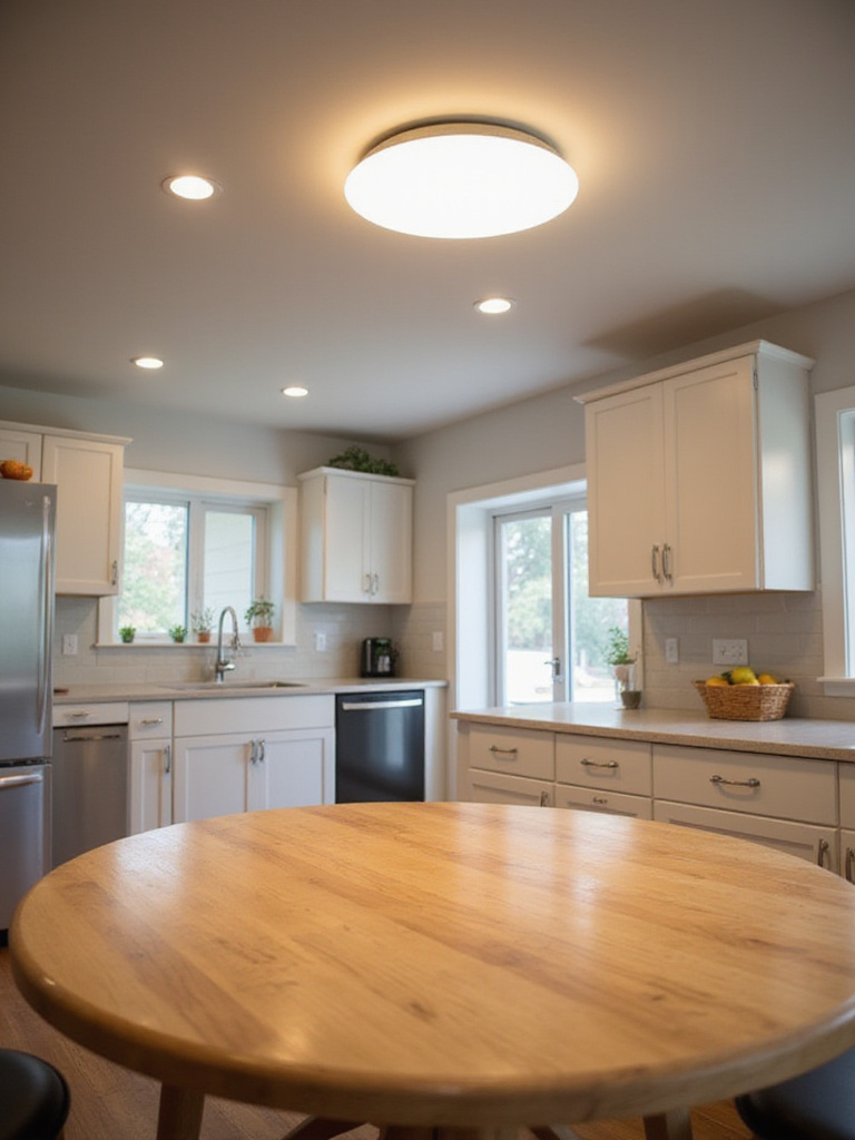 Modern kitchen with low ceilings featuring a sleek LED flush mount light fixture above a wooden kitchen table.
