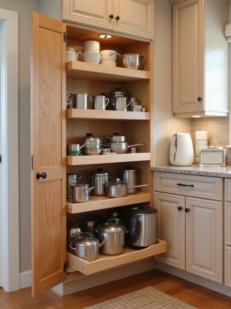 Smart pull-out shelves in a corner kitchen cabinet, showcasing organized storage.