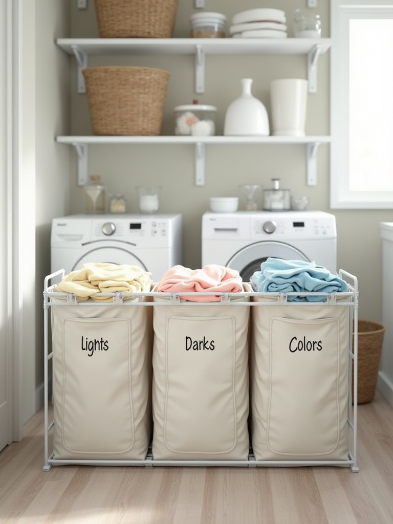 Multi-compartment laundry hamper system in a clean, organized laundry room, showing bags labeled for sorting lights, darks, and colors.