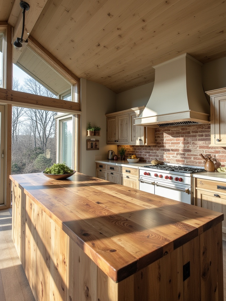 Sustainable kitchen design featuring reclaimed wood island countertop and reclaimed brick backsplash.