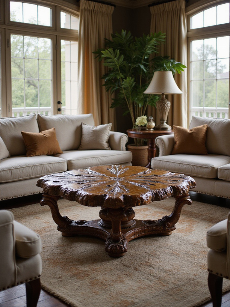 Luxury living room with antique coffee table, blending vintage furniture into a sophisticated, curated space.