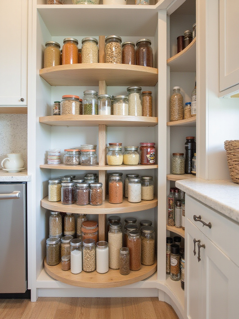 A kitchen pantry shelf organized with Lazy Susans holding jars, cans, and bottles, demonstrating how turntables improve access and maximize storage in deep spaces.