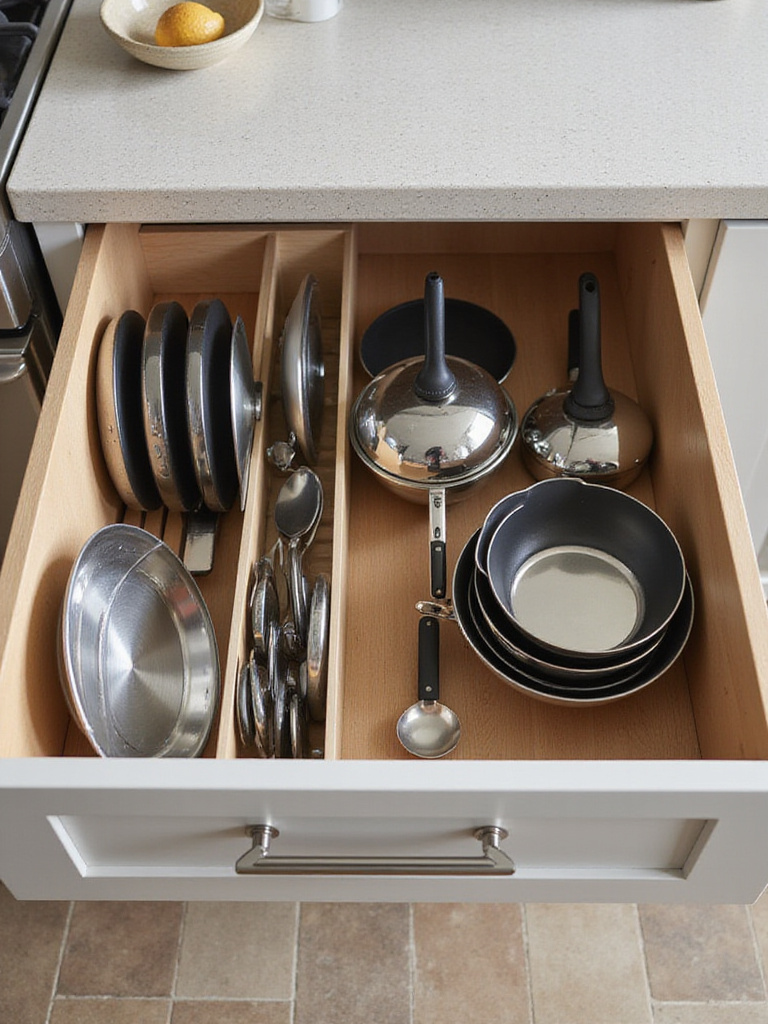 Lower kitchen cabinet with deep drawer pulled open, showing pots and pans neatly organized with vertical dividers, pan protectors, and a lid holder.