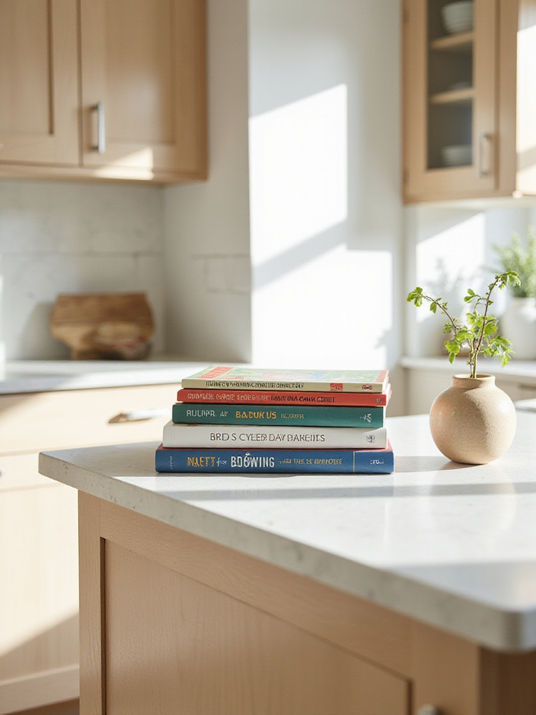 A stack of colorful cookbooks displayed on a modern kitchen island countertop, adding a personal and stylish touch to the kitchen decor.