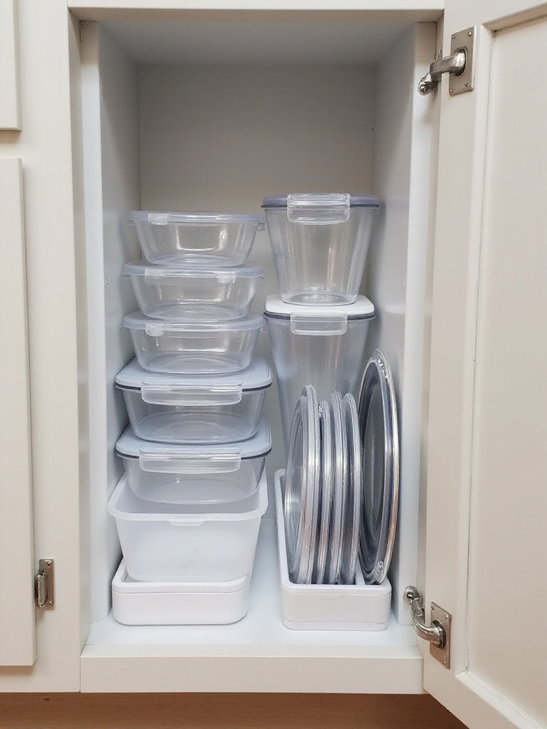Neatly organized kitchen cabinet shelf showing stacked food storage containers and vertically stored lids.