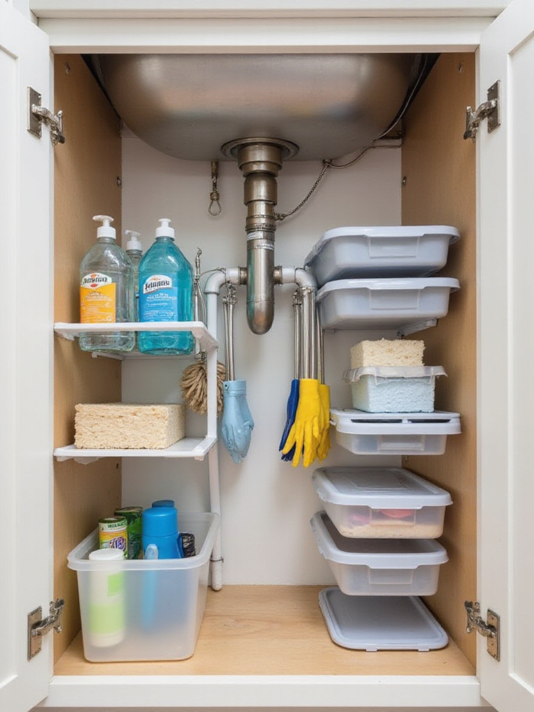 Well-organized kitchen cabinet under sink featuring tiered shelves, stackable bins, and hanging storage utilizing vertical space around plumbing.