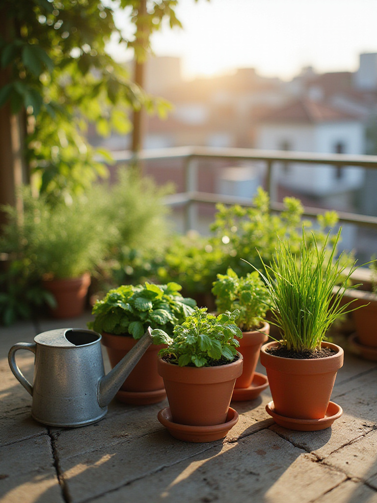 Small herb garden in terracotta pots on a sunny balcony.