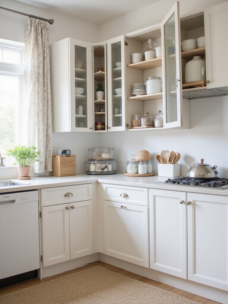 A bright, organized kitchen interior with clear countertops and neatly arranged items in open cabinets, demonstrating the results of a ruthless decluttering session.