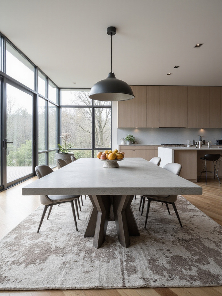 A modern kitchen dining area featuring a striking statement table with a sculptural metal base and concrete top, serving as the room's focal point.