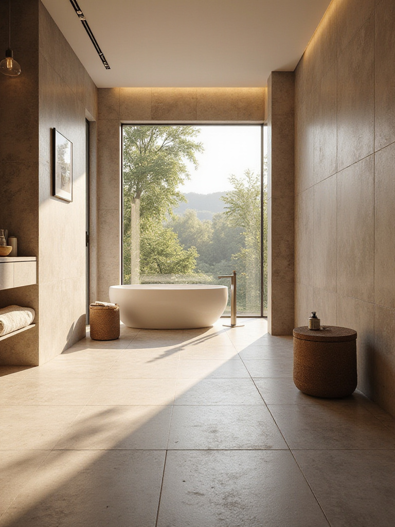 A modern bathroom featuring warm, large-format tiled floors with underfloor heating, creating a luxurious and comfortable atmosphere.