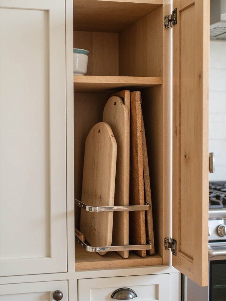 A well-organized kitchen cabinet featuring vertical storage for cutting boards and baking sheets.