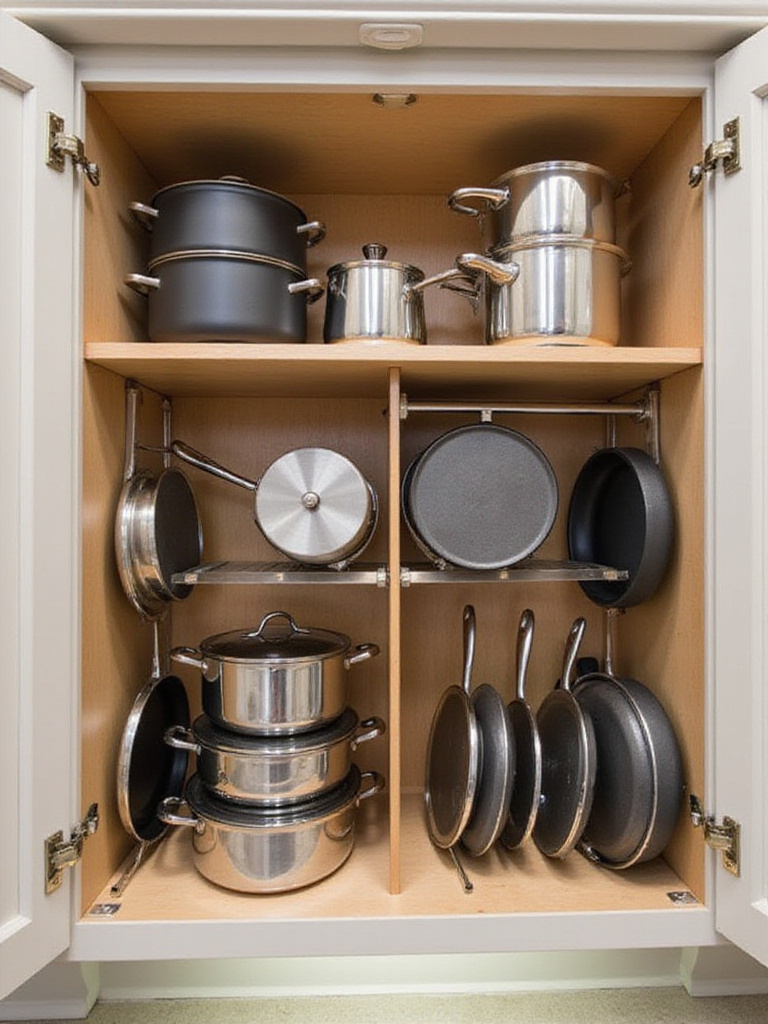 Organized kitchen cabinet with vertical organizers for pots, pans, and lids.