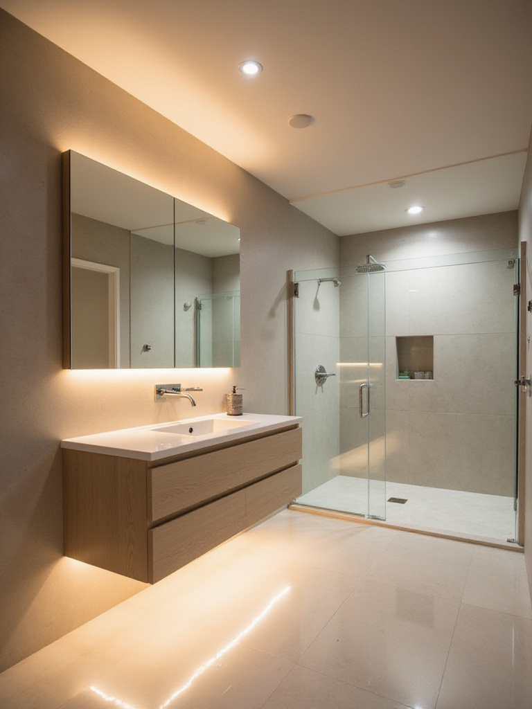 Modern bathroom featuring integrated strategic and ambient LED lighting, including backlit mirror, floating vanity lights, recessed ceiling lights, and in-shower lighting, creating a clean and luxurious atmosphere.