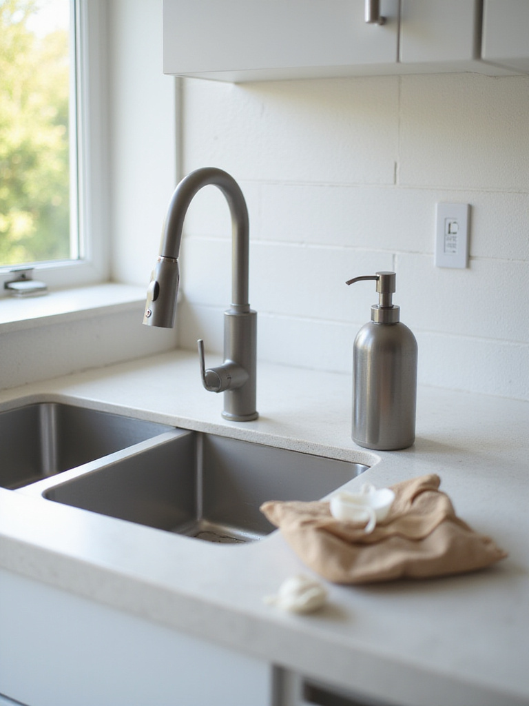 A stylish soap dispenser next to a clean kitchen sink, illustrating organized countertop space.