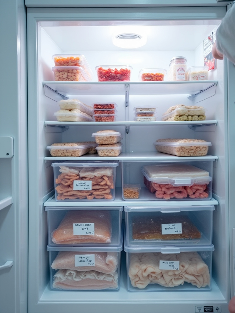 Interior view of a well-organized upright kitchen freezer showing clear bins, labeled packages, and neatly stacked frozen food on multiple shelves.