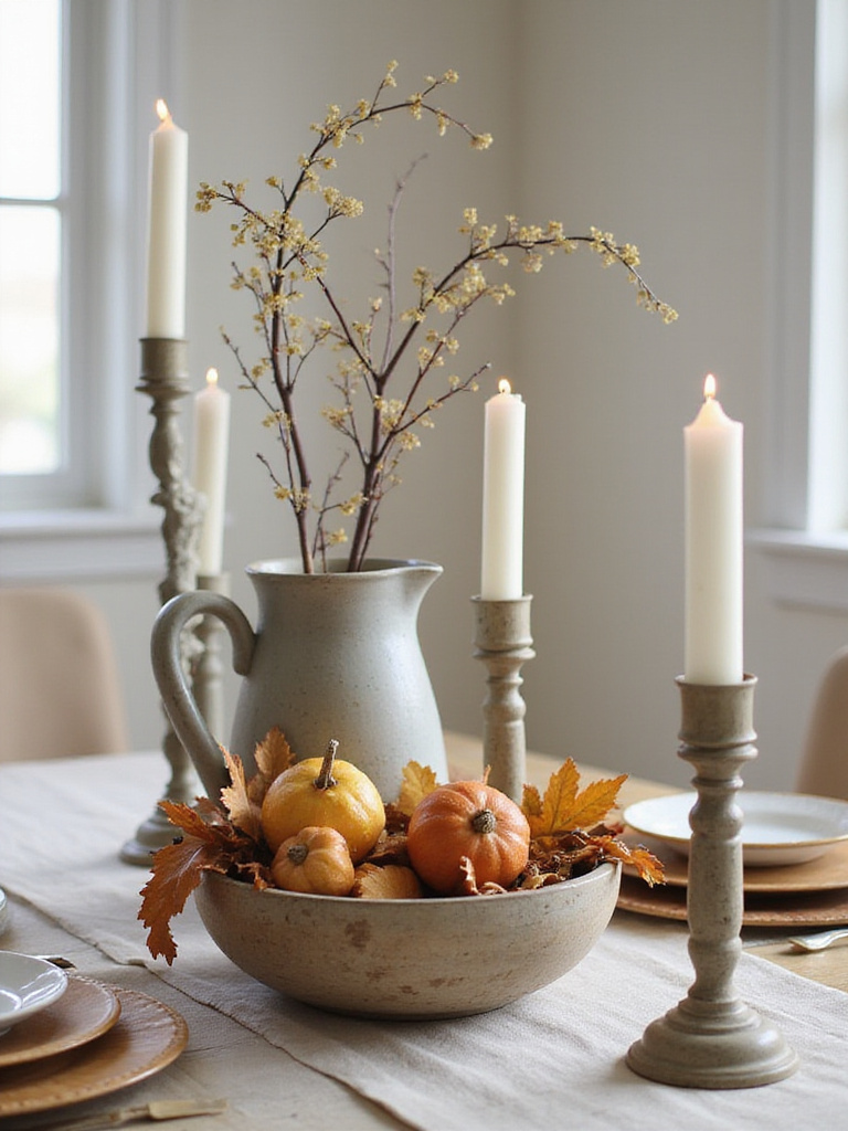 A welcoming farmhouse table centerpiece featuring a wooden dough bowl with seasonal elements like gourds or branches, a ceramic pitcher, and candles.