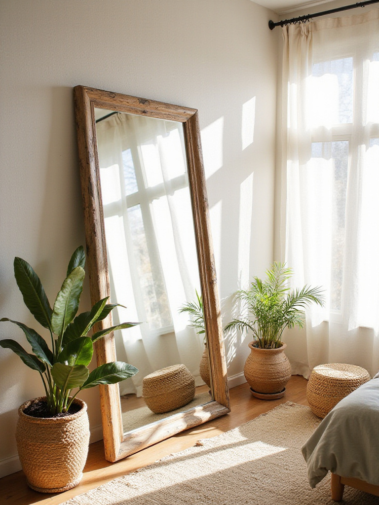 Boho bedroom with a large framed mirror leaning against the wall.