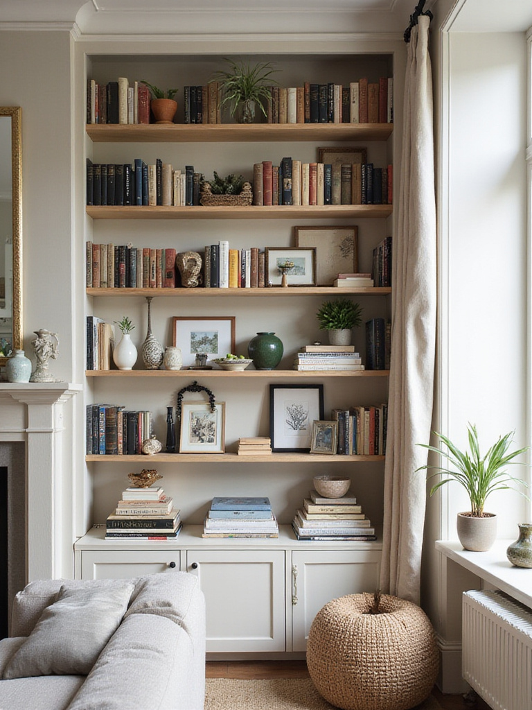 A stylishly arranged living room bookshelf featuring a mix of books, decorative objects, plants, and framed art, contributing to a cozy and personalized decor.
