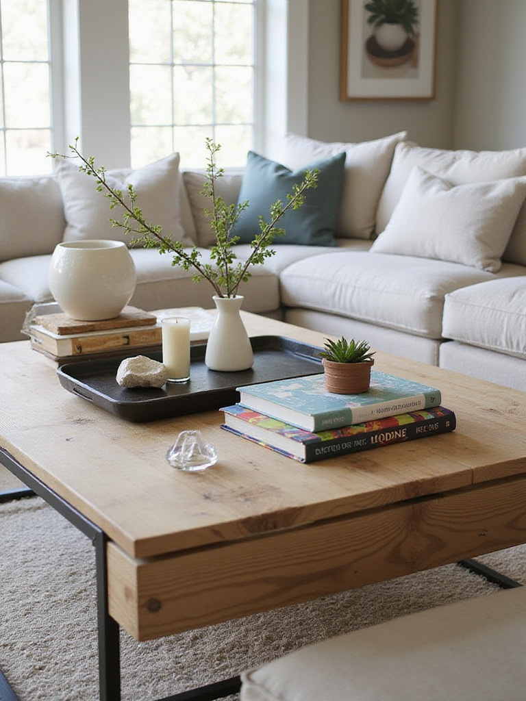 Beautifully styled wooden coffee table featuring a tray, stacked books topped with decor, a plant, and a candle in a modern living room.