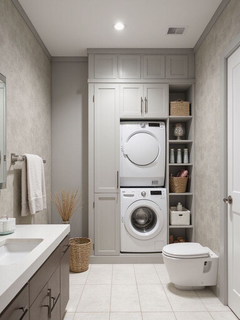 A modern, well-organized laundry bathroom showcasing clever solutions to common challenges, featuring hidden stacked appliances and smart storage.
