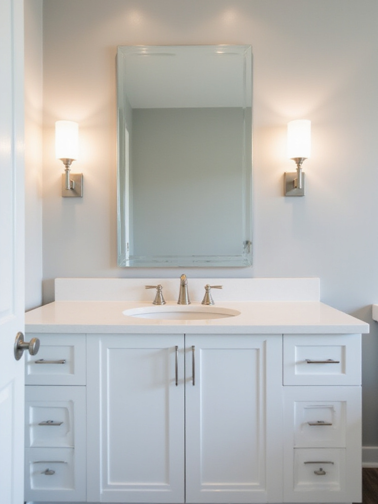Modern bathroom vanity with a large mirror flanked by stylish brushed nickel and frosted glass wall sconces providing even, shadow-free lighting.