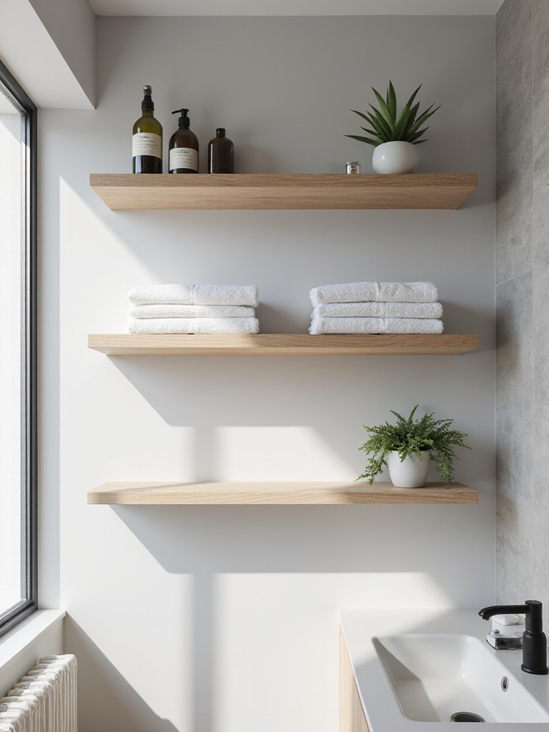 Modern bathroom featuring stylish floating open shelving displaying neatly folded towels, decorative bottles, and a plant, enhancing accessibility and design.