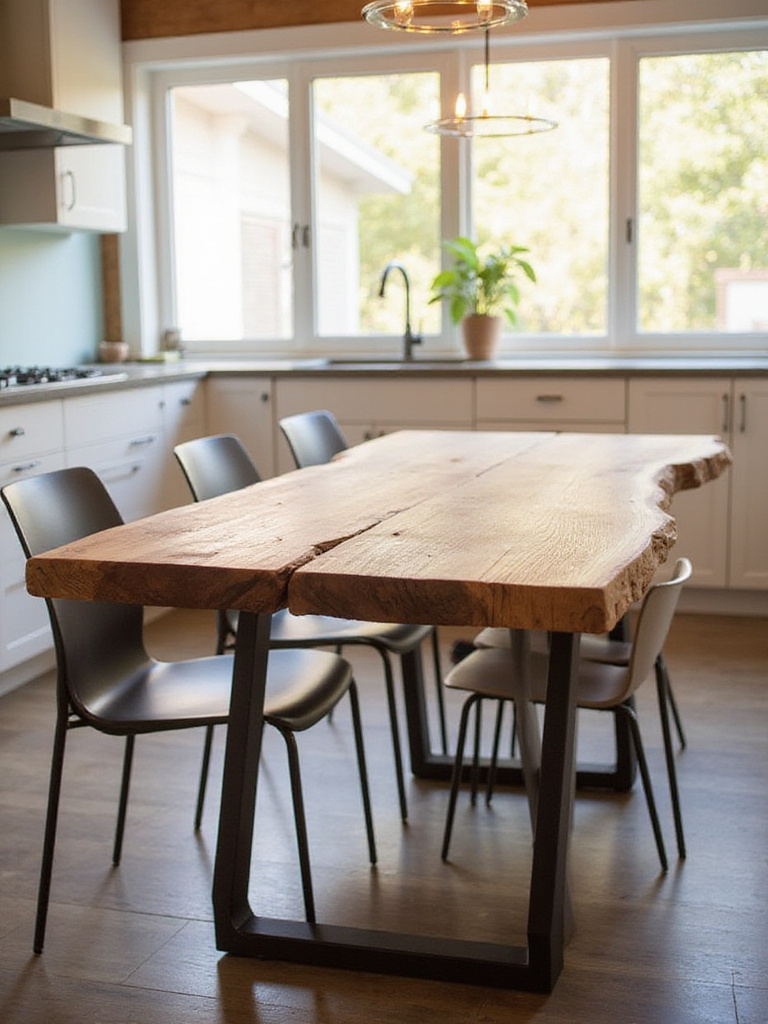 Modern kitchen featuring a stylish table with a thick reclaimed barn wood top and a minimalist black metal base, surrounded by modern chairs.