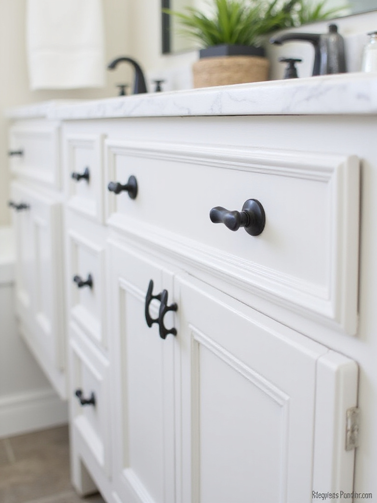 White bathroom vanity cabinets with black modern pulls, illustrating how new hardware updates the look on a budget.