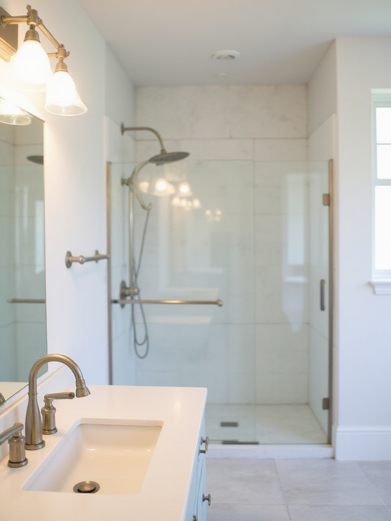 Modern bathroom featuring updated brushed nickel fixtures including a widespread faucet, contemporary vanity light, and rain showerhead, showcasing a fresh, clean look.