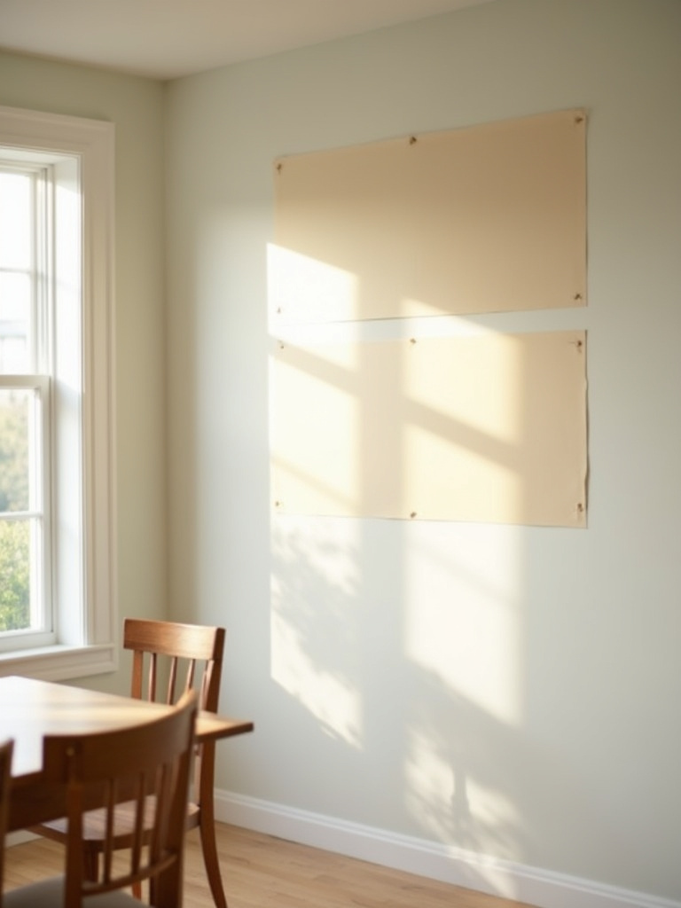 Large paint swatches are applied to a dining room wall, showing different color options being tested under natural light from a window. Part of a dining table is visible.