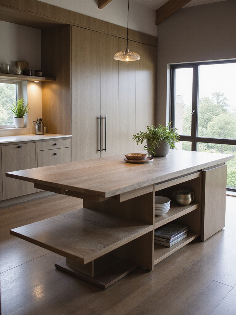 Modern kitchen table with integrated storage drawers in a contemporary kitchen setting.